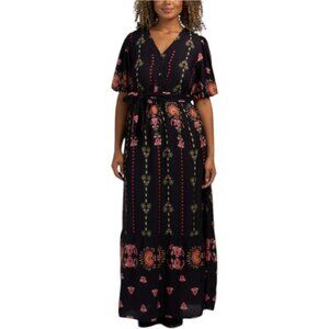 CELINA MOON Short Sleeve Floral Maxi Dress With Belt